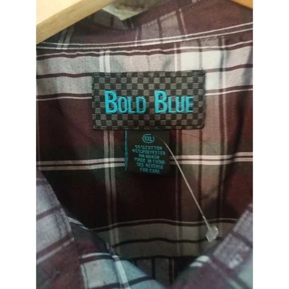 Men's Bold Blue Plaid Maroon/White Casual Button Down Long Sleeve 4XL - Picture 5 of 6